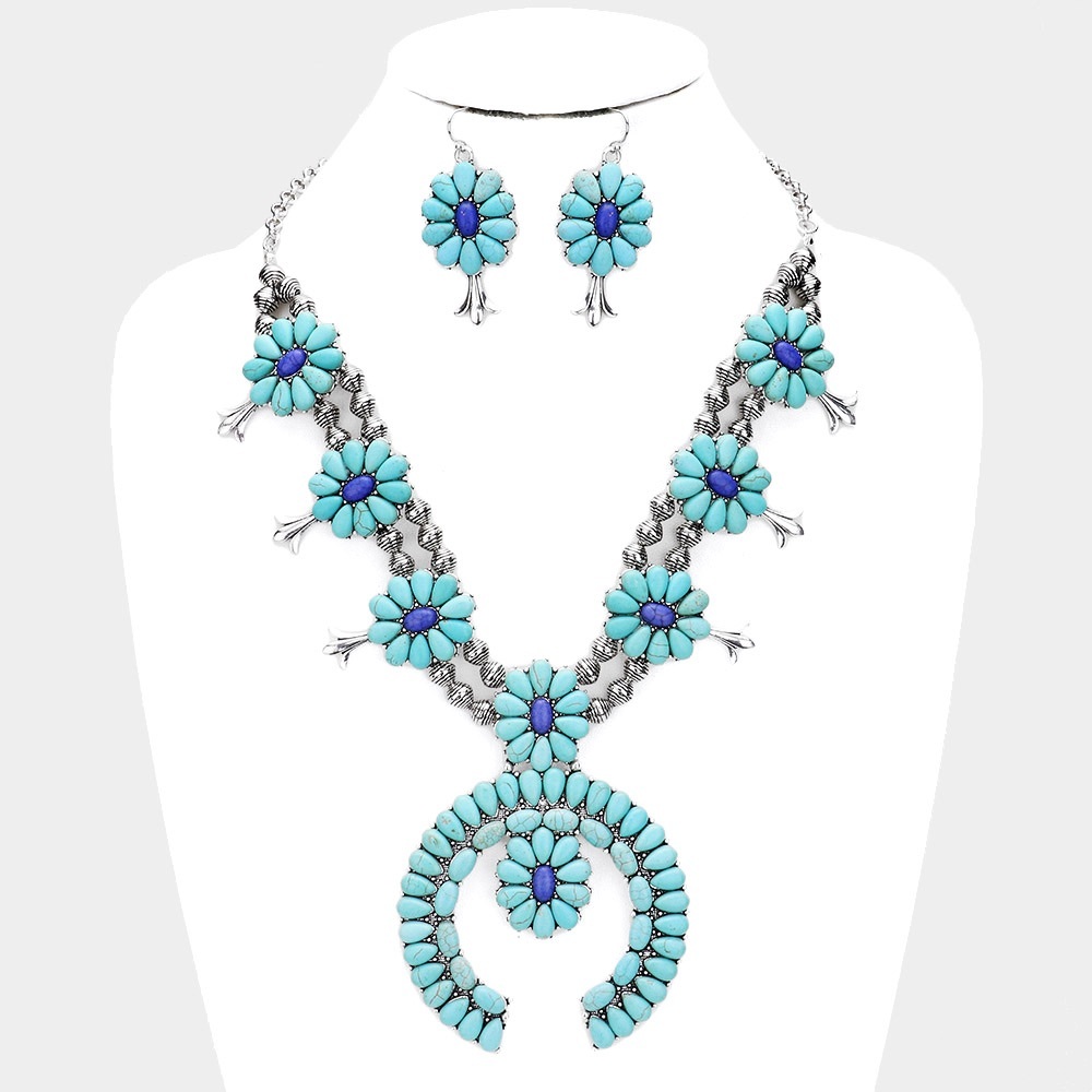 TURQUOISE STONE SQUASH BLOSSOM NECKLACE & EARRINGS - Picture 1 of 2